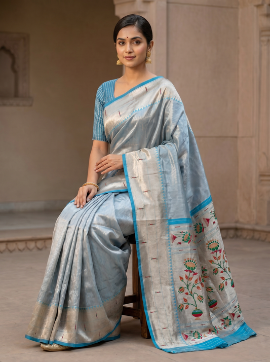 Sky Blue Soft Muniya Paithani Silk Saree for Festival Wear