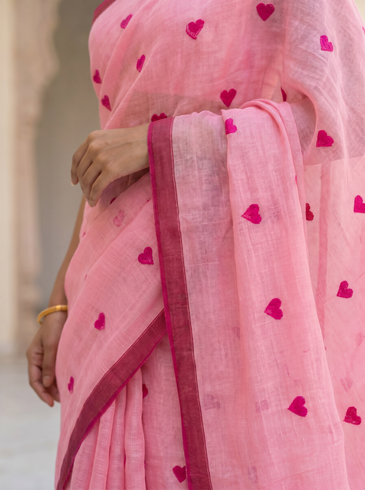 Pink Khadi Cotton Saree with Heart Embroidery for Office & Daily Wear