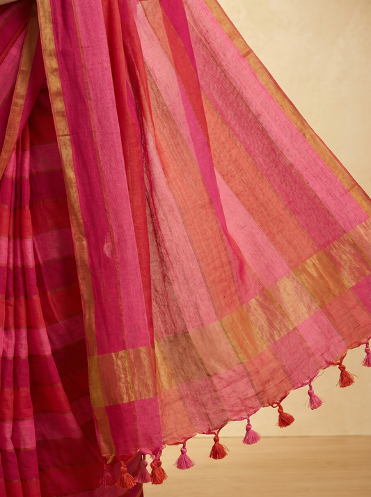 Pink & Orange Khadi Cotton Striped Saree for Office & Daily Wear