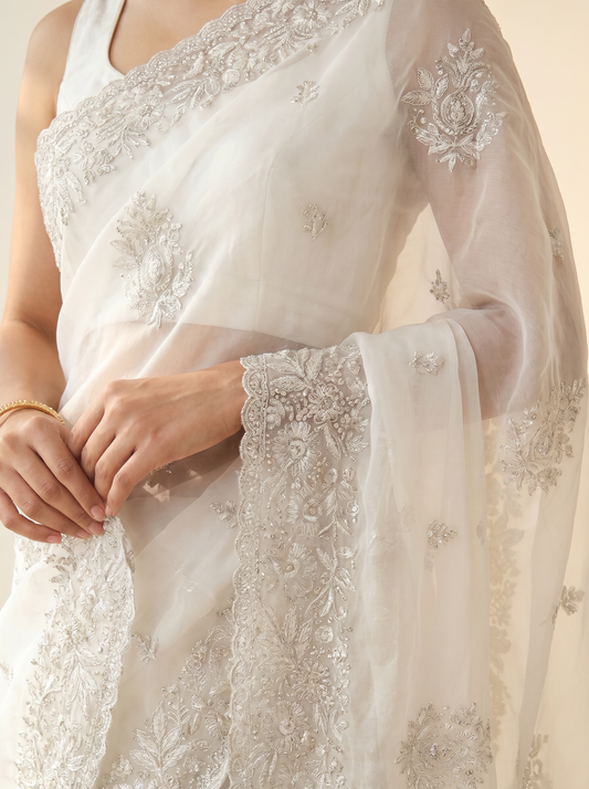 Off White Organza Saree with Embroidery Work for Festival Wear