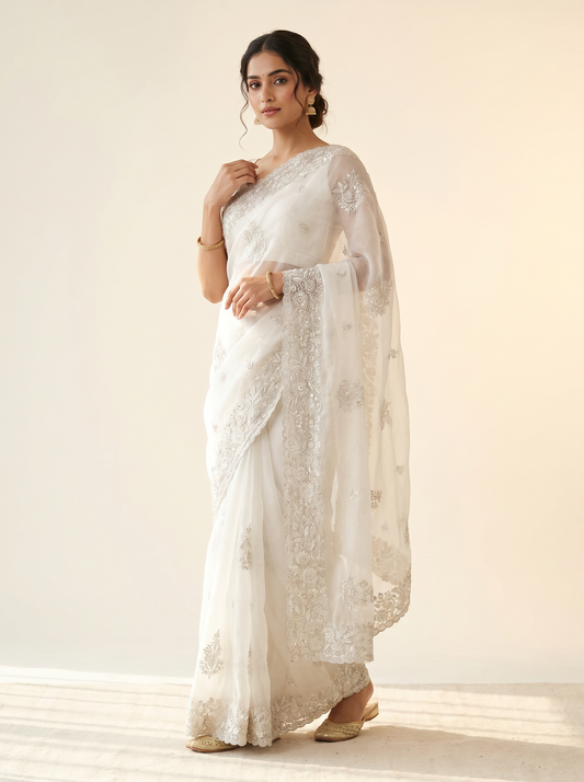 Off White Organza Saree with Embroidery Work for Festival Wear