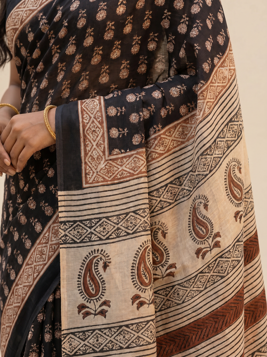 Black Jaipuri Print Mul Cotton Saree for Office & Daily Wear