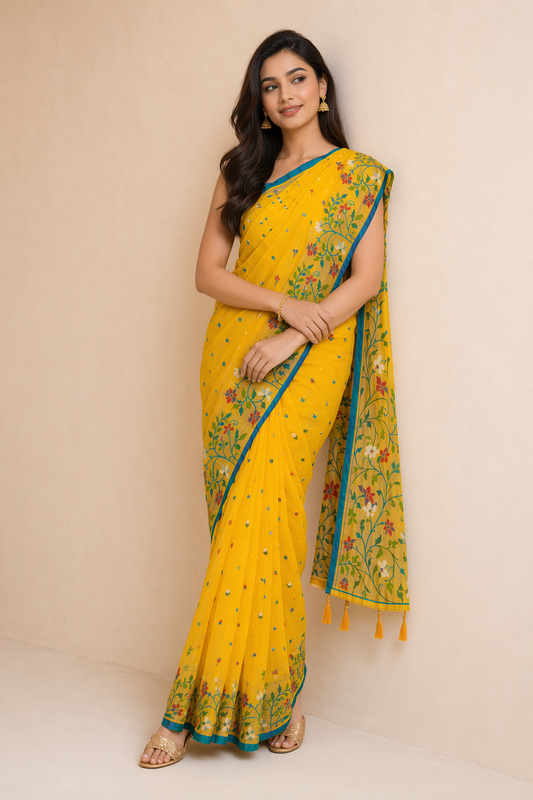 Urvashi Cotton Saree with Floral Embroidery & Butti Work