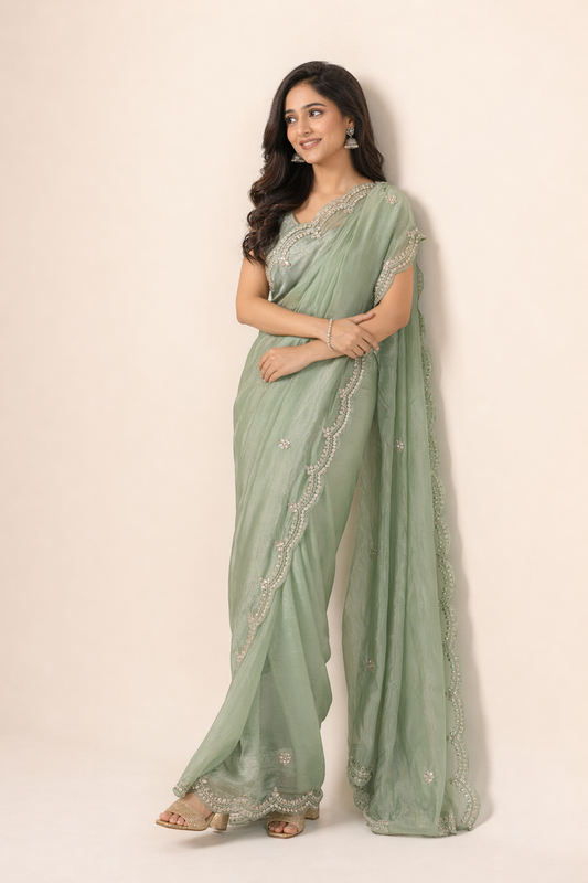 Pista Tissue Silk Saree with Cutwork Scalloped Border