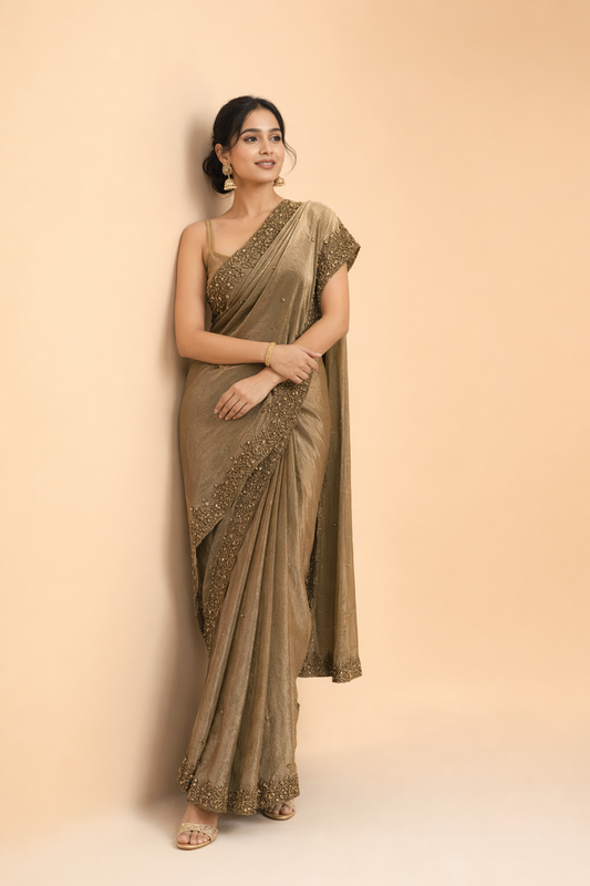 Tissue Silk Saree with Sequin Work & Scalloped Border