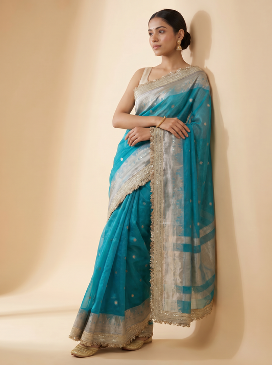Kashi Ghat Organza Saree with Zari Butis & Metallic Border