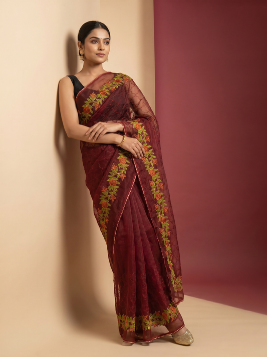 Silicon Cut Organza Saree with Thread Embroidery & Cutwork