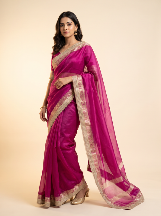 Fair Lady Tissue Lace Organza Saree with Zari Work & Metallic Lace Border