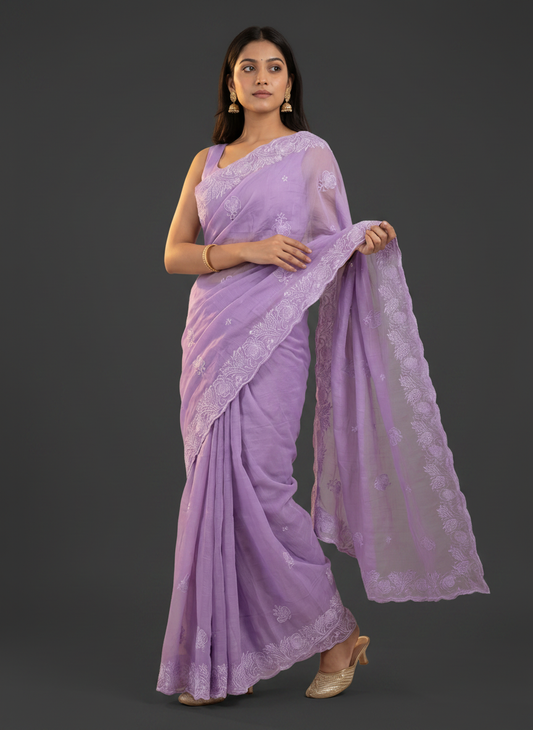Lavender Georgette Saree with Embroidery Design for Office & Daily Wear