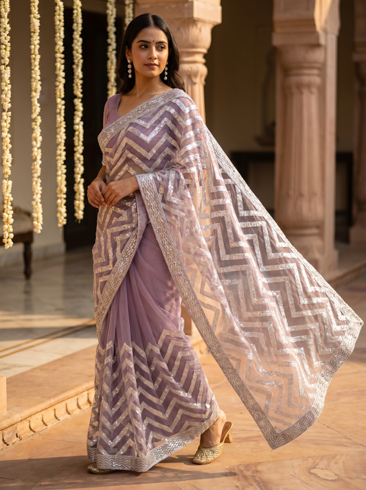 Lavender Zigzag Shimmer Lycra Saree for Party Wear