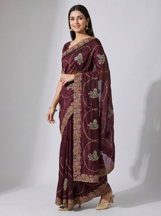 Marron & Yellow Tussar Silk Monika Saree for Festival Wear