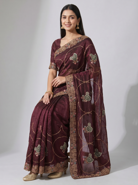 Marron & Yellow Tussar Silk Monika Saree for Festival Wear