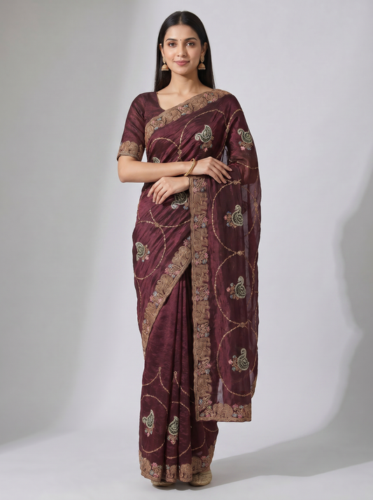 Marron & Yellow Tussar Silk Monika Saree for Festival Wear