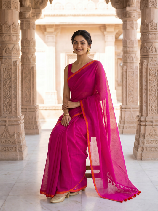 Mul cotton Pink plains Saree
