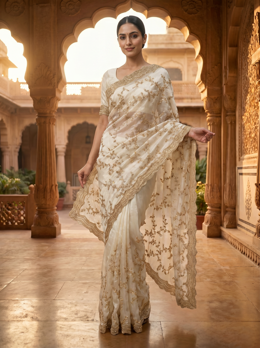 Medal Organza Saree – Off White