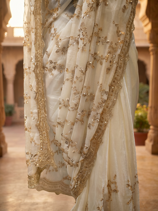 Off White Shimmer Lycra Medal Saree for Party Wear