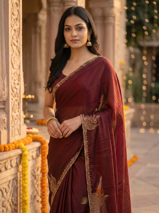 Marron Tissue Silk Twilight Saga Saree for Party Wear