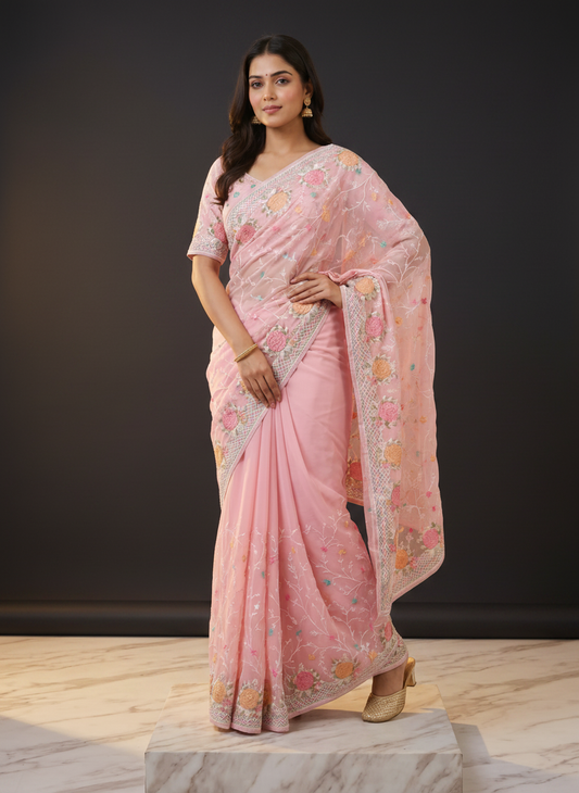 Pink & White Organza Gulbahar Saree for Festival Wear