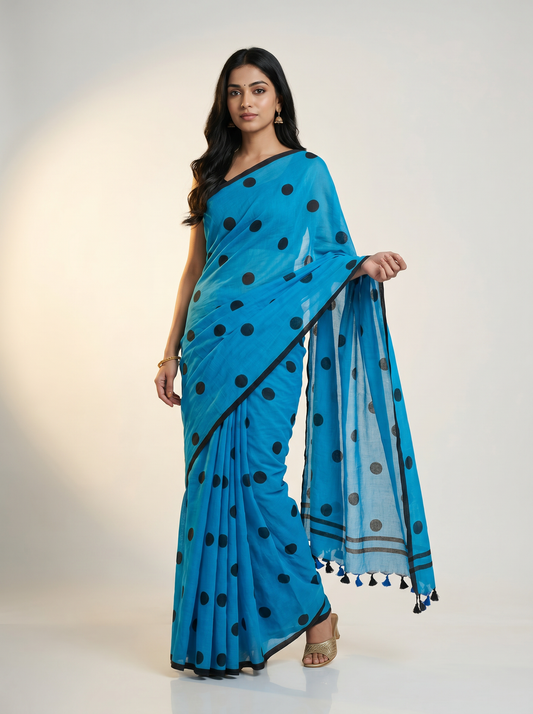 Premium Mul Polka Dots Cotton Saree in Blue Peach and Pink for Office Wear