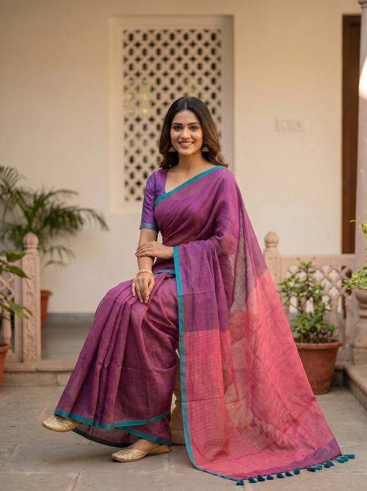 Purple Mul Zari Pallu Cotton Saree with Pink Pallu for Office Wear