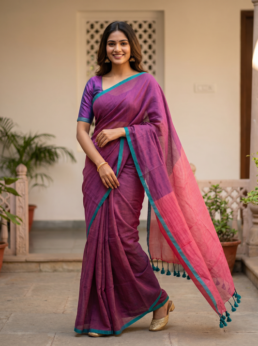 Purple Mul Zari Pallu Cotton Saree with Pink Pallu for Office Wear