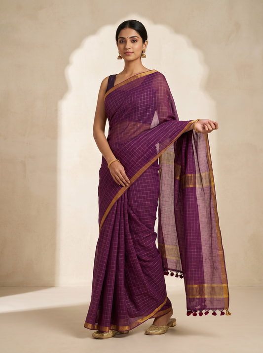 Purple Mul with Chicks Cotton Saree for Festival Wear