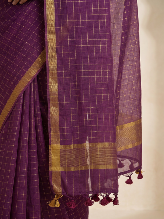 Purple Mul with Chicks Cotton Saree for Festival Wear