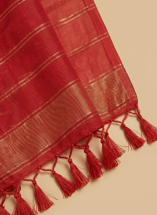 Red Mul Thin Zari Line Cotton Saree with Golden Stripes