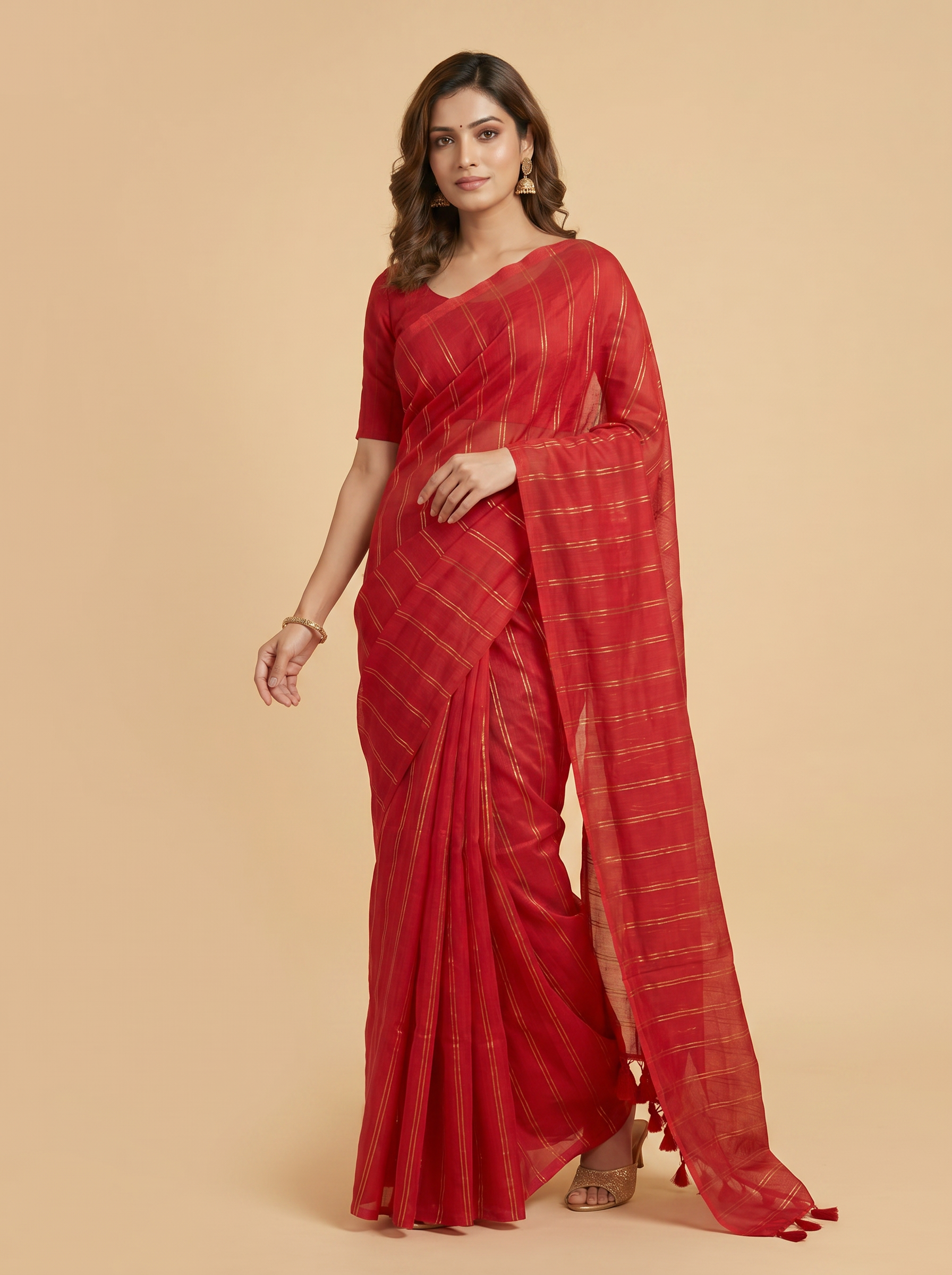 Red Mul Thin Zari Line Cotton Saree with Golden Stripes for Party Wear