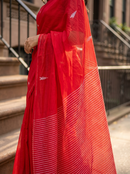 Premium Red Mul Jamdani Cotton Saree for Office & Daily Wear