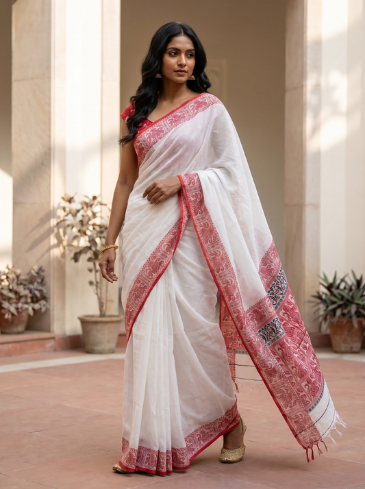 White Cotton Baluchari Saree for Festival & Traditional Wear