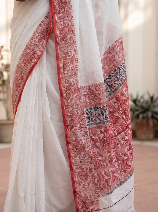 White Cotton Baluchari Saree for Festival & Traditional Wear