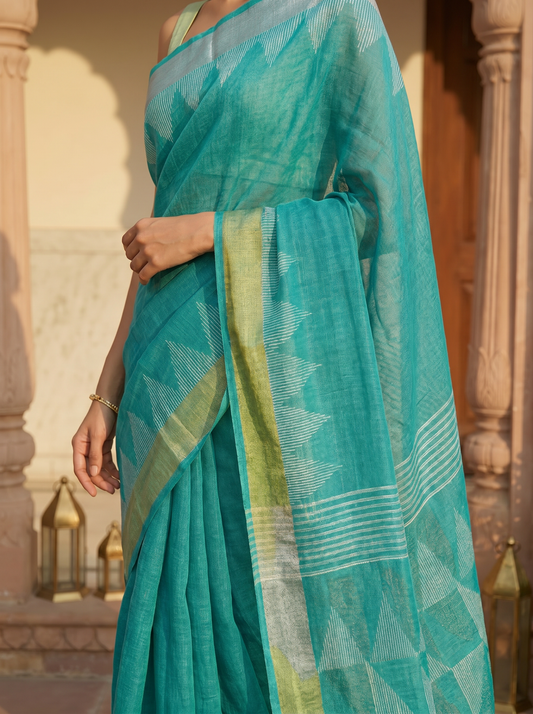 Blue Linen Cotton Zari Jamdani Saree with Silver Golden Border
