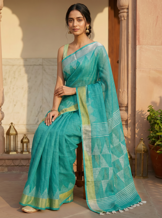 Blue Linen Cotton Zari Jamdani Saree with Silver Golden Border
