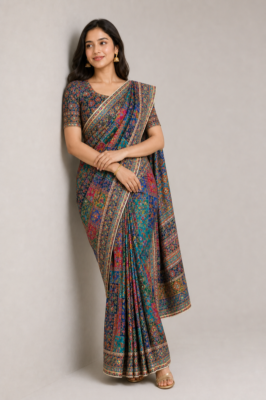 Blue Viral Georgette Saree with Gota Patti, Mirror Work & Heavy Zari Border