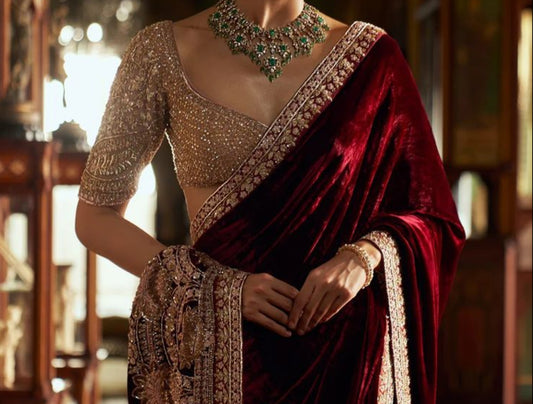 Woman wearing a traditional maroon saree with gold border indoors.