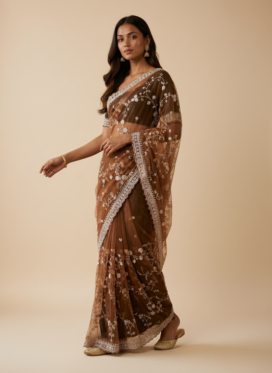 Bollywood Inspired Net Saree – Chikoo