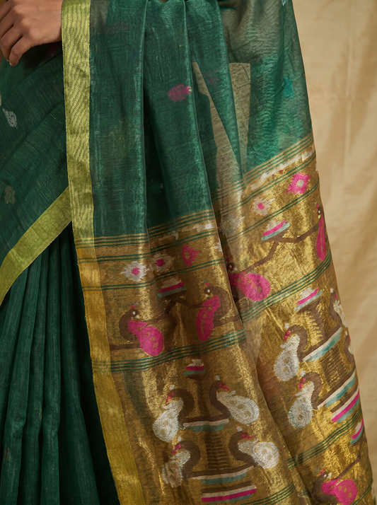 Green Linen Silk Paithani Saree for Festival Wear