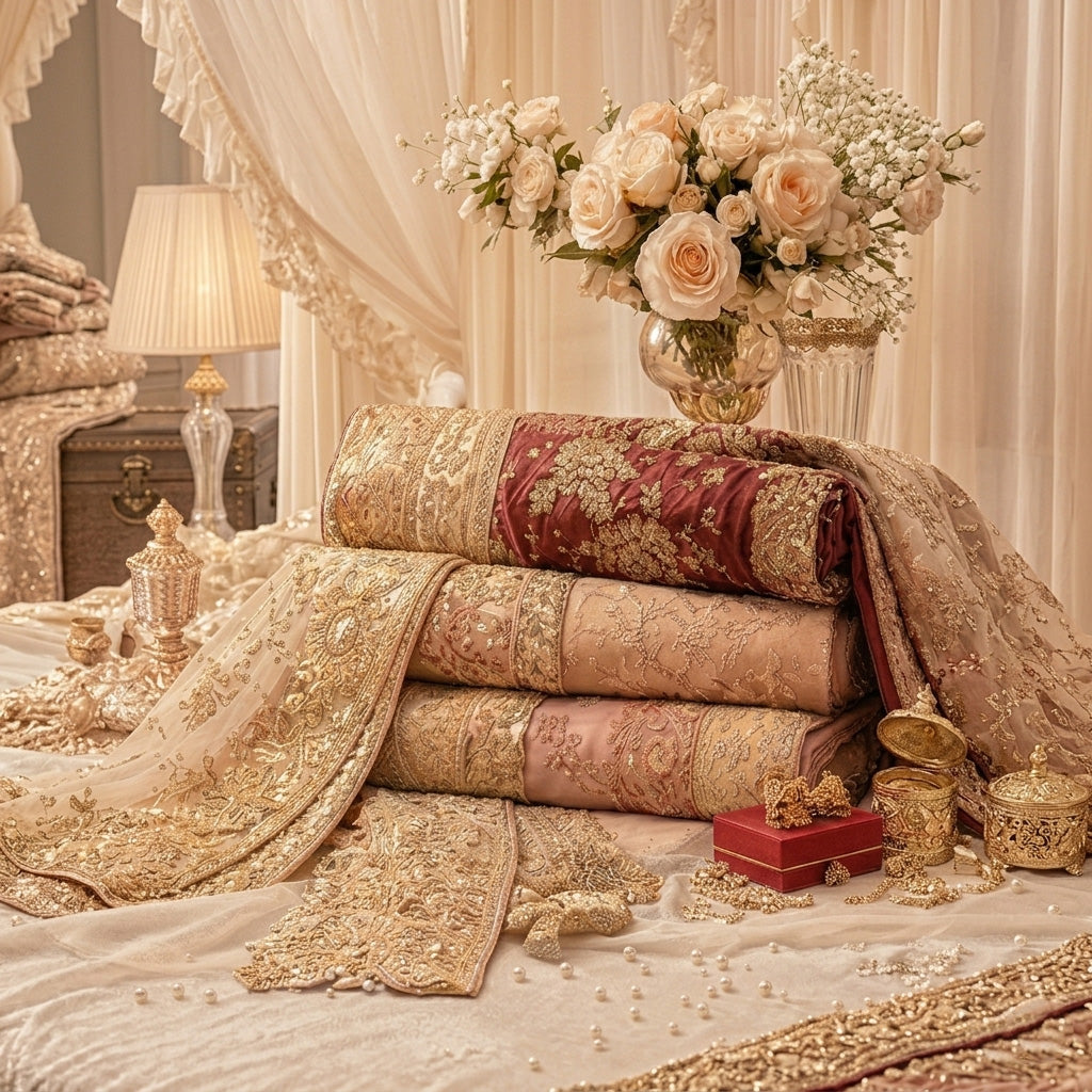 Decorative setting with embroidered fabrics, flowers, and jewelry on a bed.