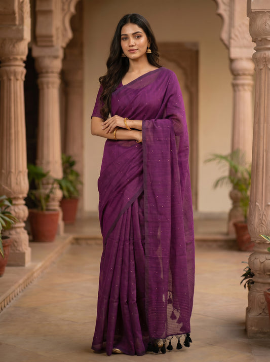 Mul Cotton Sequin Saree – Purple