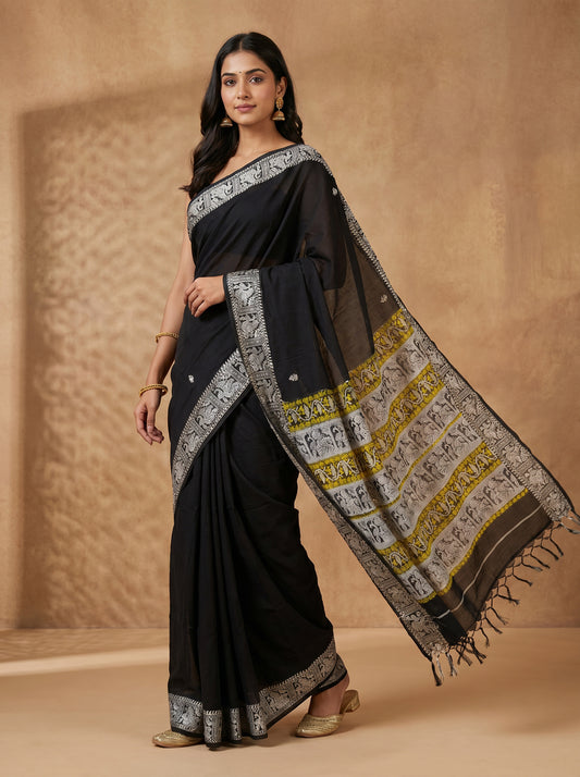 Cotton Baluchari Saree – Black Baluchari