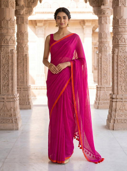 Plain Mul Cotton Saree – Pink
