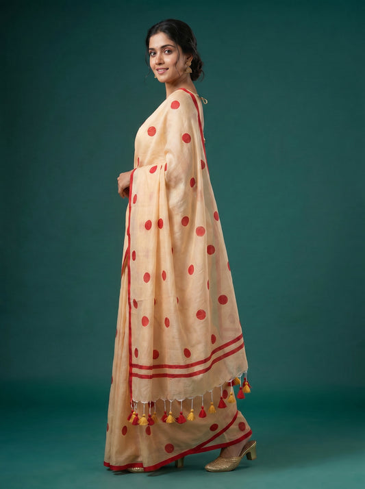 Mul Cotton Polka Dot Saree – Cream with Red Dots