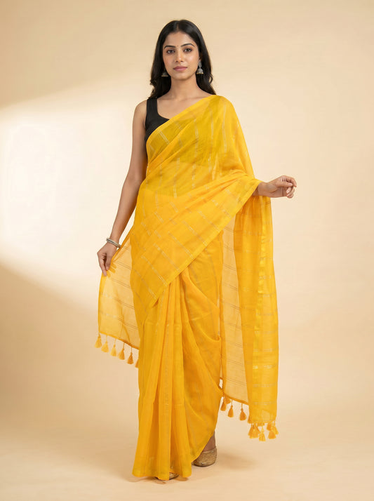 Mul Cotton Saree with Thin Zari Line – Yellow