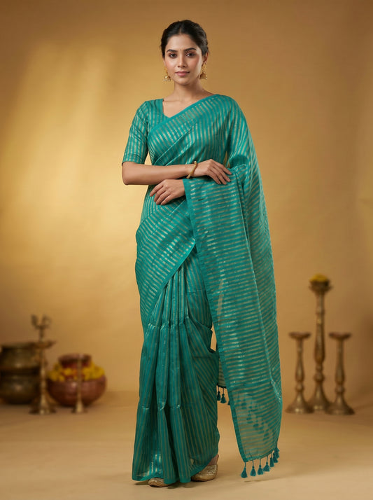 Mul Cotton Tissue Stripe Saree – Peacock Green