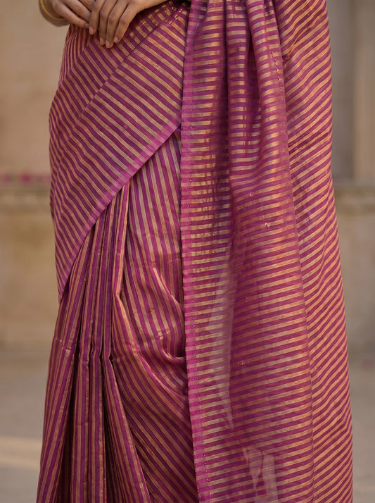 Mul Cotton Tissue Stripe Saree – Pink with Golden Strips