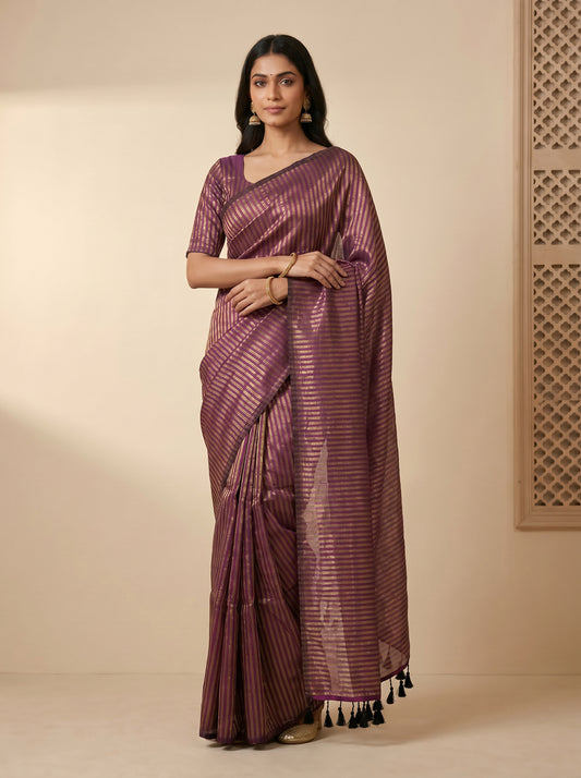 Mul Cotton Tissue Stripe Saree – Purple with Golden Strips