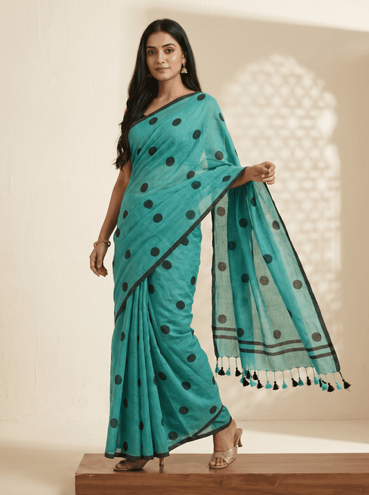 blue mul cotton polka dots saree