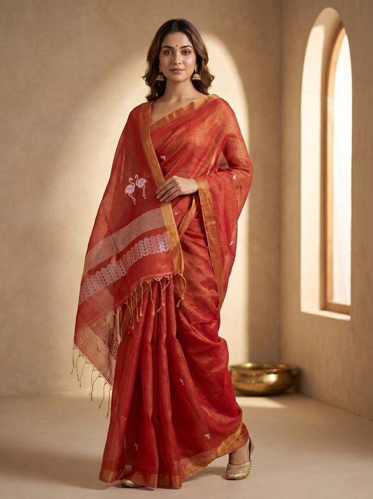 Orange Linen Tissue Jamdani Saree with Swan Design