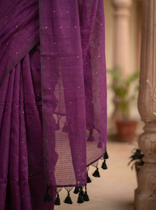 Purple Mul Sequins Cotton Saree with Sequins Work